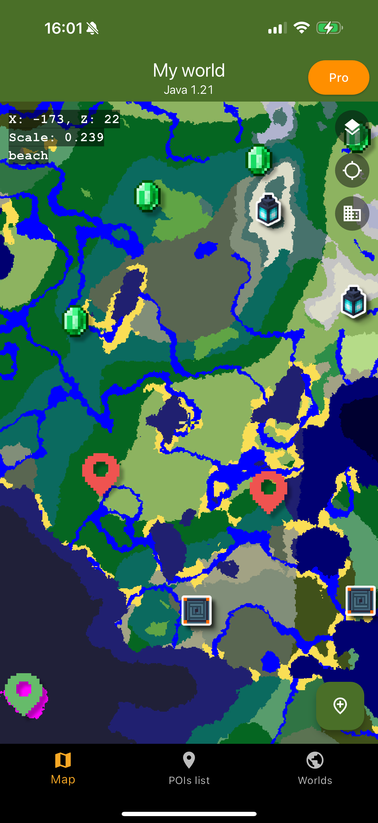 Cartographer biome map showing Minecraft world with structures and points of interest
